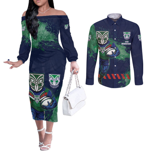 Personalised New Zealand Warriors Rugby Couples Matching Off The Shoulder Long Sleeve Dress and Long Sleeve Button Shirt Maori The Wahs Mascot - Sporty Splash Art Style