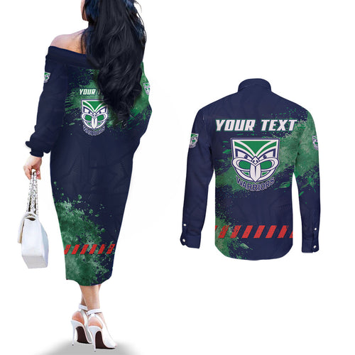 Personalised New Zealand Warriors Rugby Couples Matching Off The Shoulder Long Sleeve Dress and Long Sleeve Button Shirt Maori The Wahs Mascot - Sporty Splash Art Style