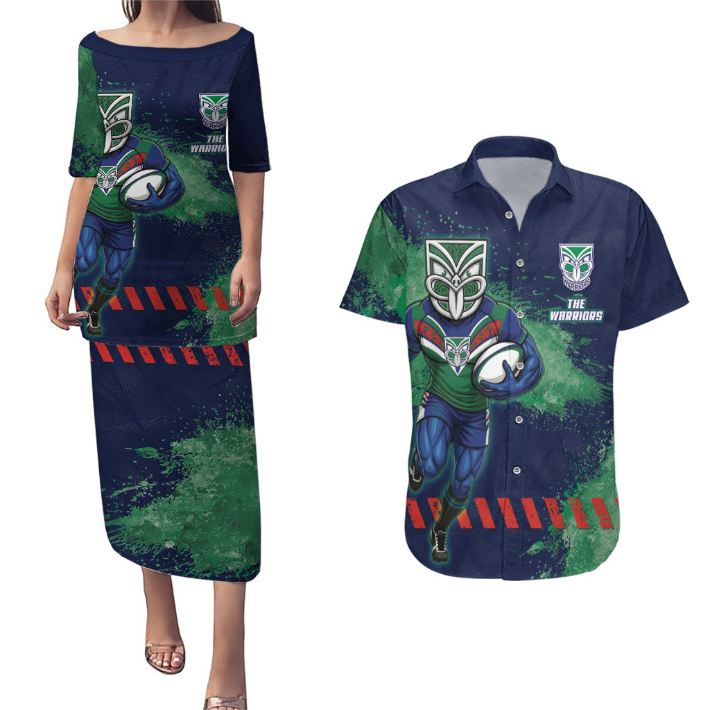 Personalised New Zealand Warriors Rugby Couples Matching Puletasi and Hawaiian Shirt Maori The Wahs Mascot - Sporty Splash Art Style