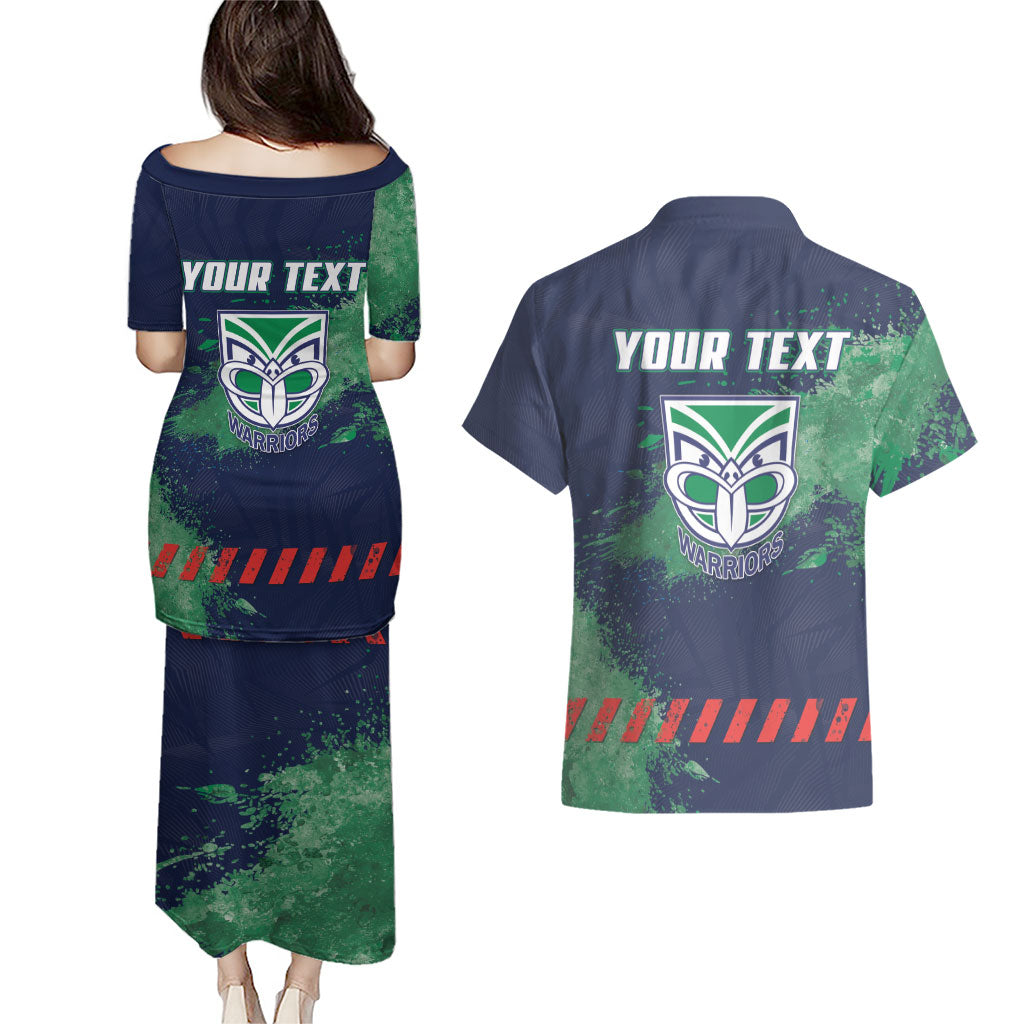 Personalised New Zealand Warriors Rugby Couples Matching Puletasi and Hawaiian Shirt Maori The Wahs Mascot - Sporty Splash Art Style