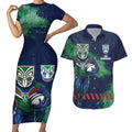 Personalised New Zealand Warriors Rugby Couples Matching Short Sleeve Bodycon Dress and Hawaiian Shirt Maori The Wahs Mascot - Sporty Splash Art Style