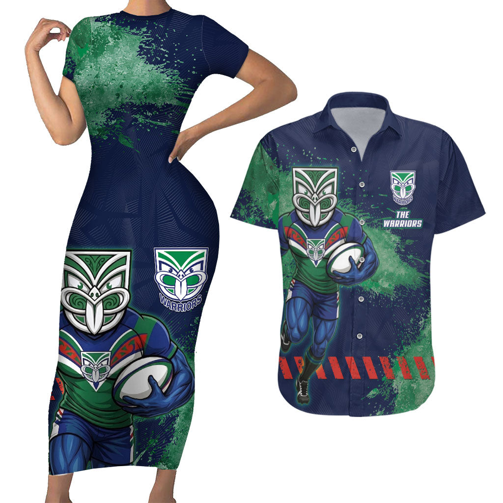 Personalised New Zealand Warriors Rugby Couples Matching Short Sleeve Bodycon Dress and Hawaiian Shirt Maori The Wahs Mascot - Sporty Splash Art Style