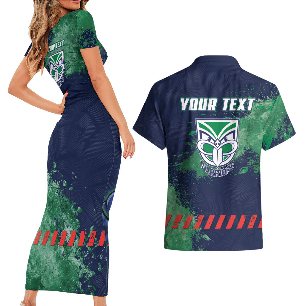 Personalised New Zealand Warriors Rugby Couples Matching Short Sleeve Bodycon Dress and Hawaiian Shirt Maori The Wahs Mascot - Sporty Splash Art Style