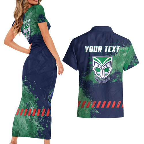 Personalised New Zealand Warriors Rugby Couples Matching Short Sleeve Bodycon Dress and Hawaiian Shirt Maori The Wahs Mascot - Sporty Splash Art Style