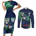 Personalised New Zealand Warriors Rugby Couples Matching Short Sleeve Bodycon Dress and Long Sleeve Button Shirt Maori The Wahs Mascot - Sporty Splash Art Style