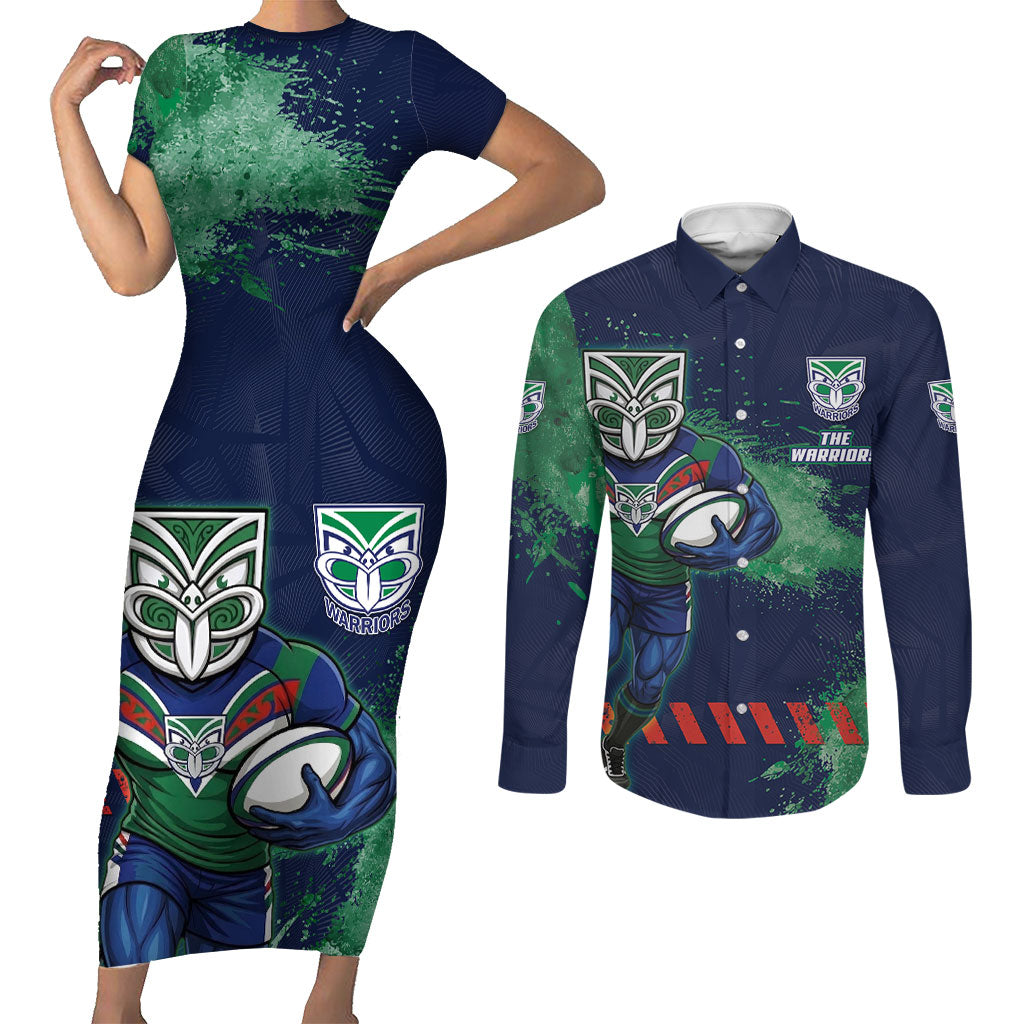 Personalised New Zealand Warriors Rugby Couples Matching Short Sleeve Bodycon Dress and Long Sleeve Button Shirt Maori The Wahs Mascot - Sporty Splash Art Style