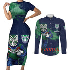 Personalised New Zealand Warriors Rugby Couples Matching Short Sleeve Bodycon Dress and Long Sleeve Button Shirt Maori The Wahs Mascot - Sporty Splash Art Style