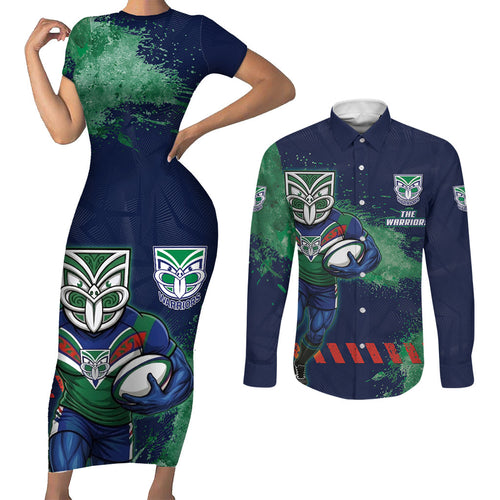 Personalised New Zealand Warriors Rugby Couples Matching Short Sleeve Bodycon Dress and Long Sleeve Button Shirt Maori The Wahs Mascot - Sporty Splash Art Style