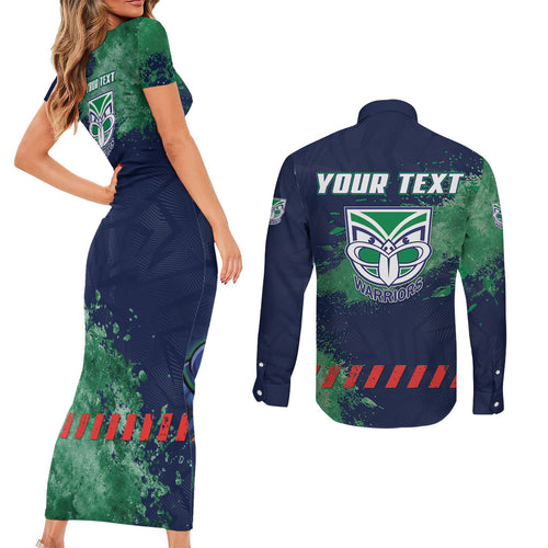 Personalised New Zealand Warriors Rugby Couples Matching Short Sleeve Bodycon Dress and Long Sleeve Button Shirt Maori The Wahs Mascot - Sporty Splash Art Style