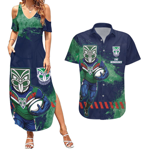Personalised New Zealand Warriors Rugby Couples Matching Summer Maxi Dress and Hawaiian Shirt Maori The Wahs Mascot - Sporty Splash Art Style