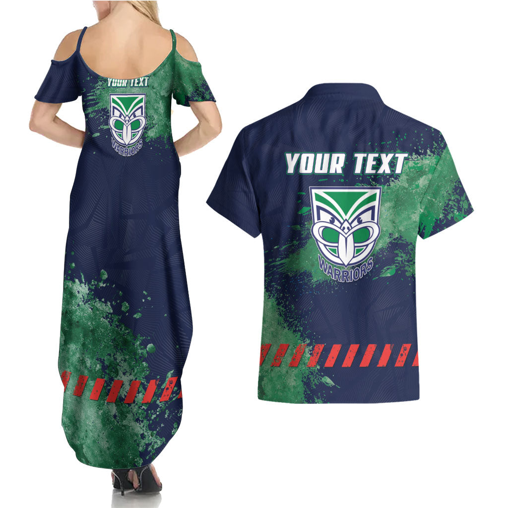 Personalised New Zealand Warriors Rugby Couples Matching Summer Maxi Dress and Hawaiian Shirt Maori The Wahs Mascot - Sporty Splash Art Style