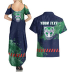 Personalised New Zealand Warriors Rugby Couples Matching Summer Maxi Dress and Hawaiian Shirt Maori The Wahs Mascot - Sporty Splash Art Style