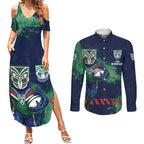Personalised New Zealand Warriors Rugby Couples Matching Summer Maxi Dress and Long Sleeve Button Shirt Maori The Wahs Mascot - Sporty Splash Art Style