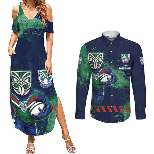 Personalised New Zealand Warriors Rugby Couples Matching Summer Maxi Dress and Long Sleeve Button Shirt Maori The Wahs Mascot - Sporty Splash Art Style