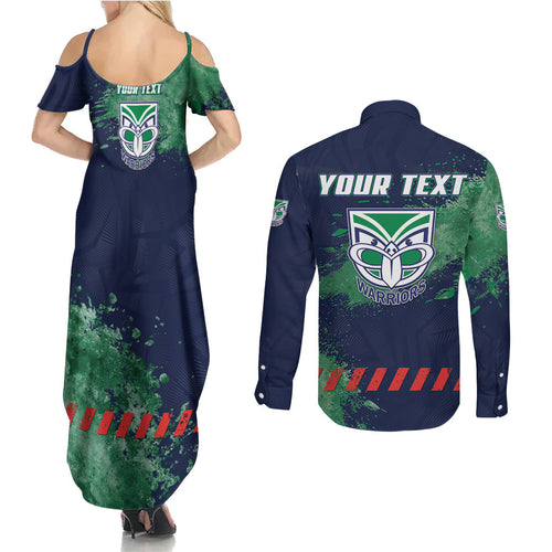 Personalised New Zealand Warriors Rugby Couples Matching Summer Maxi Dress and Long Sleeve Button Shirt Maori The Wahs Mascot - Sporty Splash Art Style