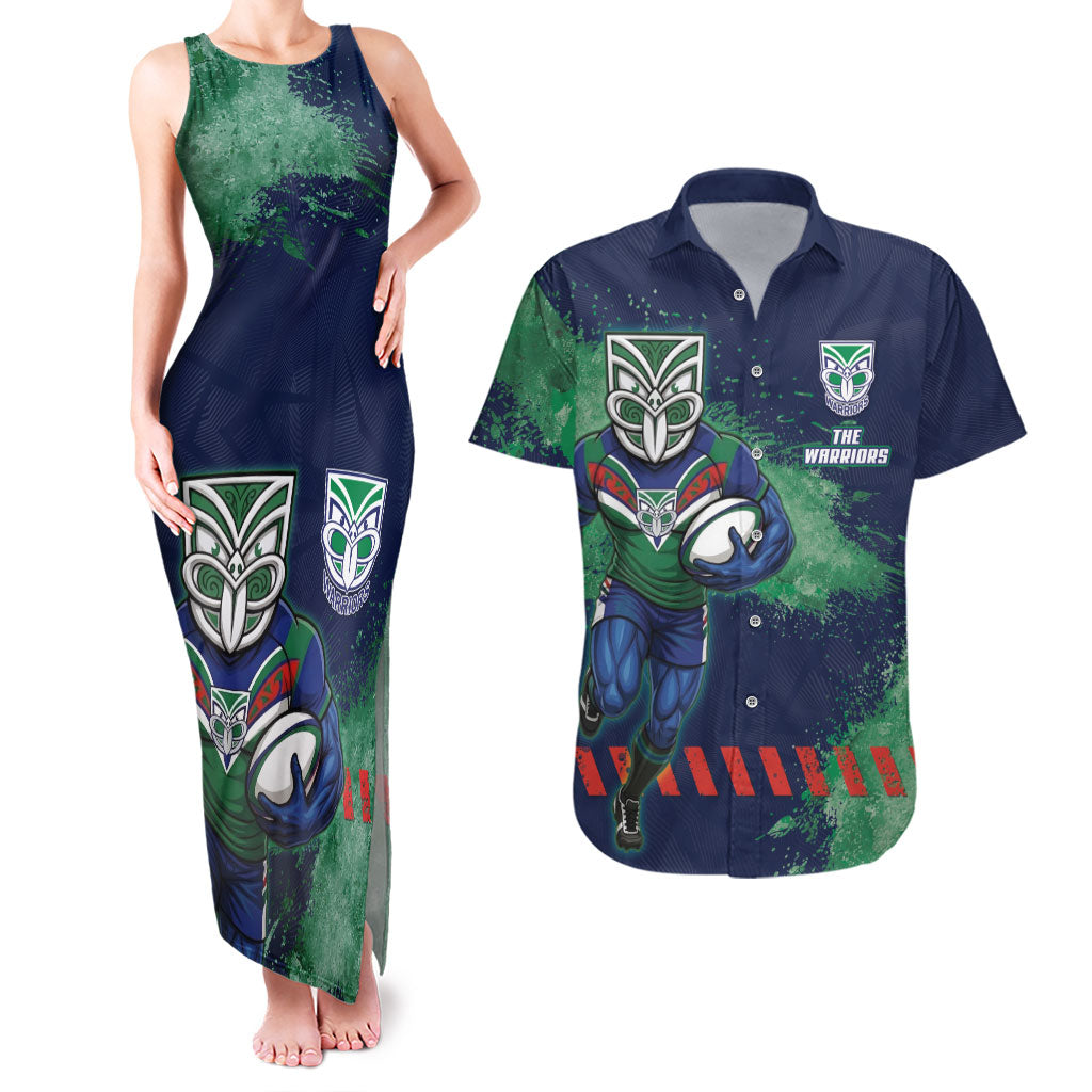 Personalised New Zealand Warriors Rugby Couples Matching Tank Maxi Dress and Hawaiian Shirt Maori The Wahs Mascot - Sporty Splash Art Style