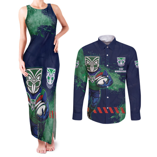 Personalised New Zealand Warriors Rugby Couples Matching Tank Maxi Dress and Long Sleeve Button Shirt Maori The Wahs Mascot - Sporty Splash Art Style