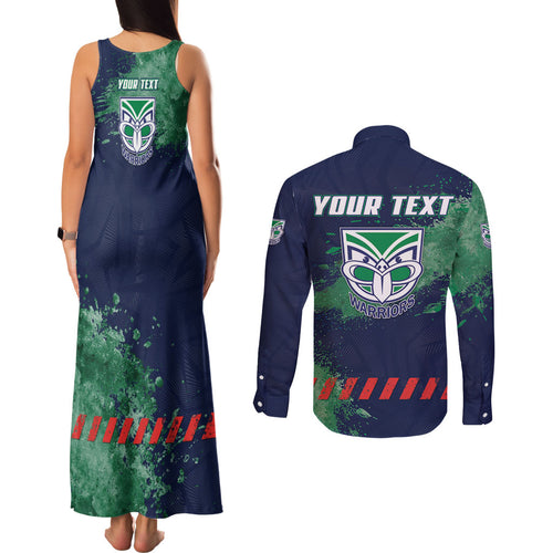 Personalised New Zealand Warriors Rugby Couples Matching Tank Maxi Dress and Long Sleeve Button Shirt Maori The Wahs Mascot - Sporty Splash Art Style