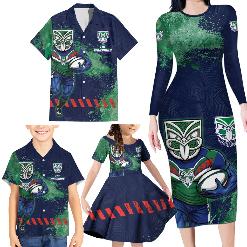 Personalised New Zealand Warriors Rugby Family Matching Long Sleeve Bodycon Dress and Hawaiian Shirt Maori The Wahs Mascot - Sporty Splash Art Style