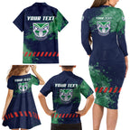 Personalised New Zealand Warriors Rugby Family Matching Long Sleeve Bodycon Dress and Hawaiian Shirt Maori The Wahs Mascot - Sporty Splash Art Style