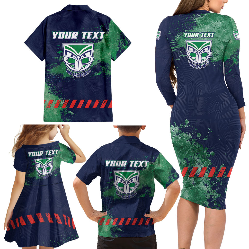 Personalised New Zealand Warriors Rugby Family Matching Long Sleeve Bodycon Dress and Hawaiian Shirt Maori The Wahs Mascot - Sporty Splash Art Style