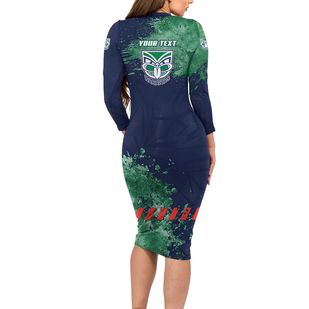 Personalised New Zealand Warriors Rugby Family Matching Long Sleeve Bodycon Dress and Hawaiian Shirt Maori The Wahs Mascot - Sporty Splash Art Style