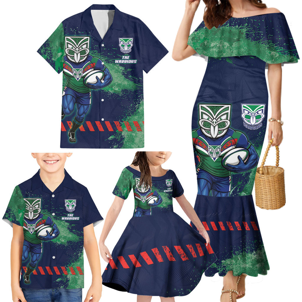 Personalised New Zealand Warriors Rugby Family Matching Mermaid Dress and Hawaiian Shirt Maori The Wahs Mascot - Sporty Splash Art Style