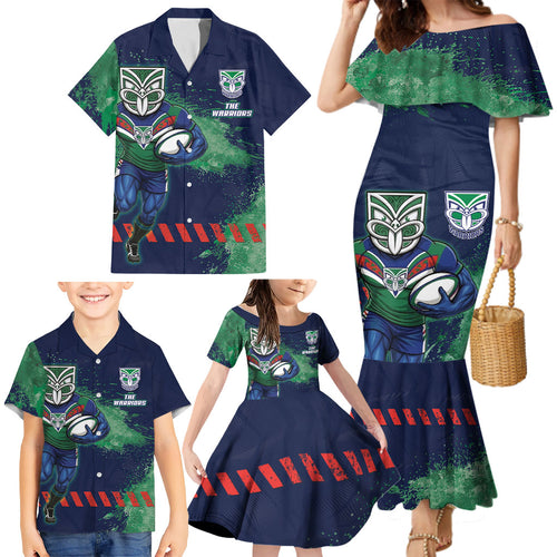Personalised New Zealand Warriors Rugby Family Matching Mermaid Dress and Hawaiian Shirt Maori The Wahs Mascot - Sporty Splash Art Style