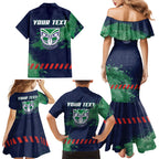 Personalised New Zealand Warriors Rugby Family Matching Mermaid Dress and Hawaiian Shirt Maori The Wahs Mascot - Sporty Splash Art Style