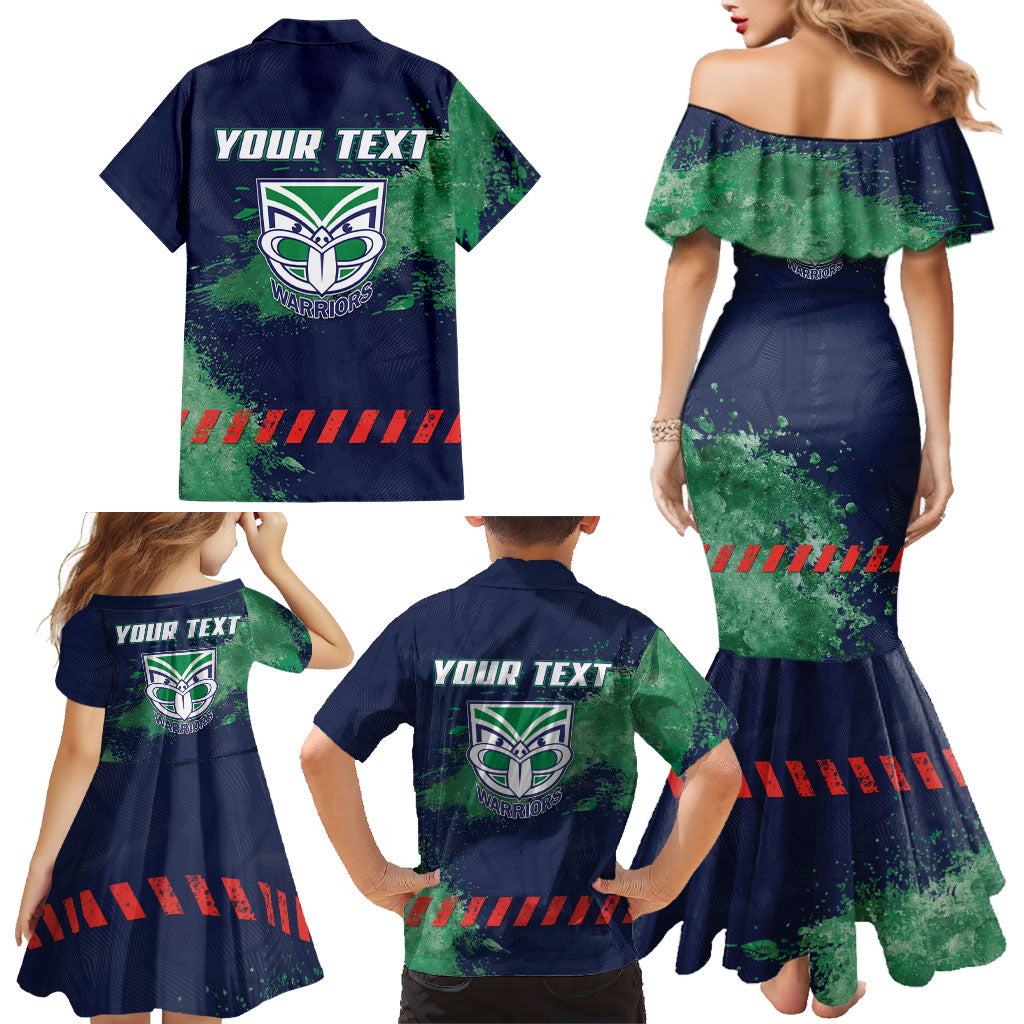 Personalised New Zealand Warriors Rugby Family Matching Mermaid Dress and Hawaiian Shirt Maori The Wahs Mascot - Sporty Splash Art Style