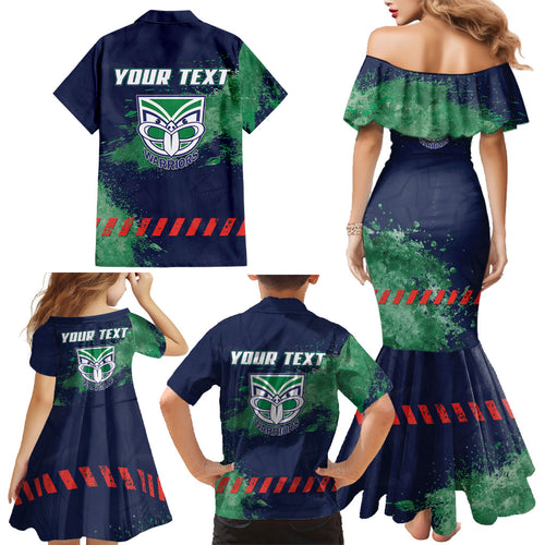 Personalised New Zealand Warriors Rugby Family Matching Mermaid Dress and Hawaiian Shirt Maori The Wahs Mascot - Sporty Splash Art Style