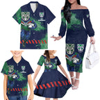 Personalised New Zealand Warriors Rugby Family Matching Off The Shoulder Long Sleeve Dress and Hawaiian Shirt Maori The Wahs Mascot - Sporty Splash Art Style
