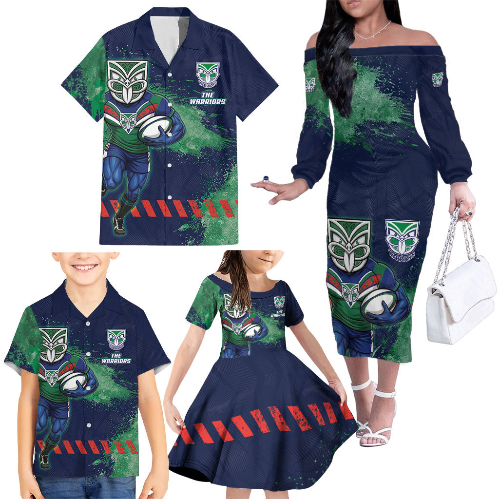 Personalised New Zealand Warriors Rugby Family Matching Off The Shoulder Long Sleeve Dress and Hawaiian Shirt Maori The Wahs Mascot - Sporty Splash Art Style