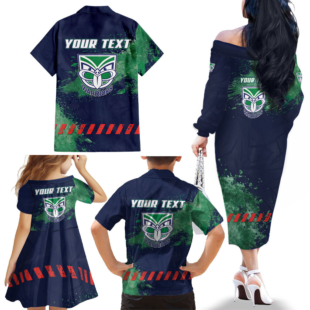Personalised New Zealand Warriors Rugby Family Matching Off The Shoulder Long Sleeve Dress and Hawaiian Shirt Maori The Wahs Mascot - Sporty Splash Art Style