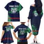 Personalised New Zealand Warriors Rugby Family Matching Off The Shoulder Long Sleeve Dress and Hawaiian Shirt Maori The Wahs Mascot - Sporty Splash Art Style