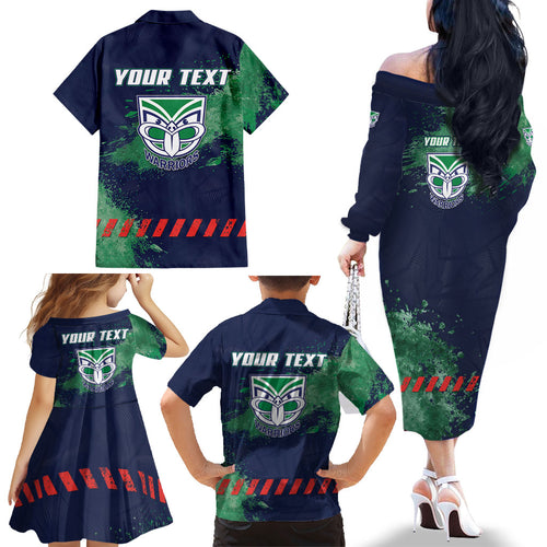 Personalised New Zealand Warriors Rugby Family Matching Off The Shoulder Long Sleeve Dress and Hawaiian Shirt Maori The Wahs Mascot - Sporty Splash Art Style