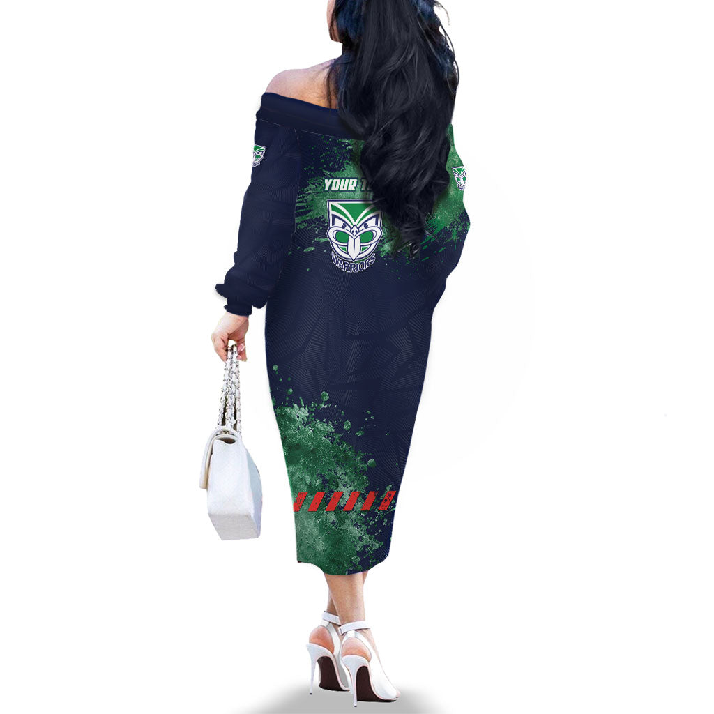 Personalised New Zealand Warriors Rugby Family Matching Off The Shoulder Long Sleeve Dress and Hawaiian Shirt Maori The Wahs Mascot - Sporty Splash Art Style