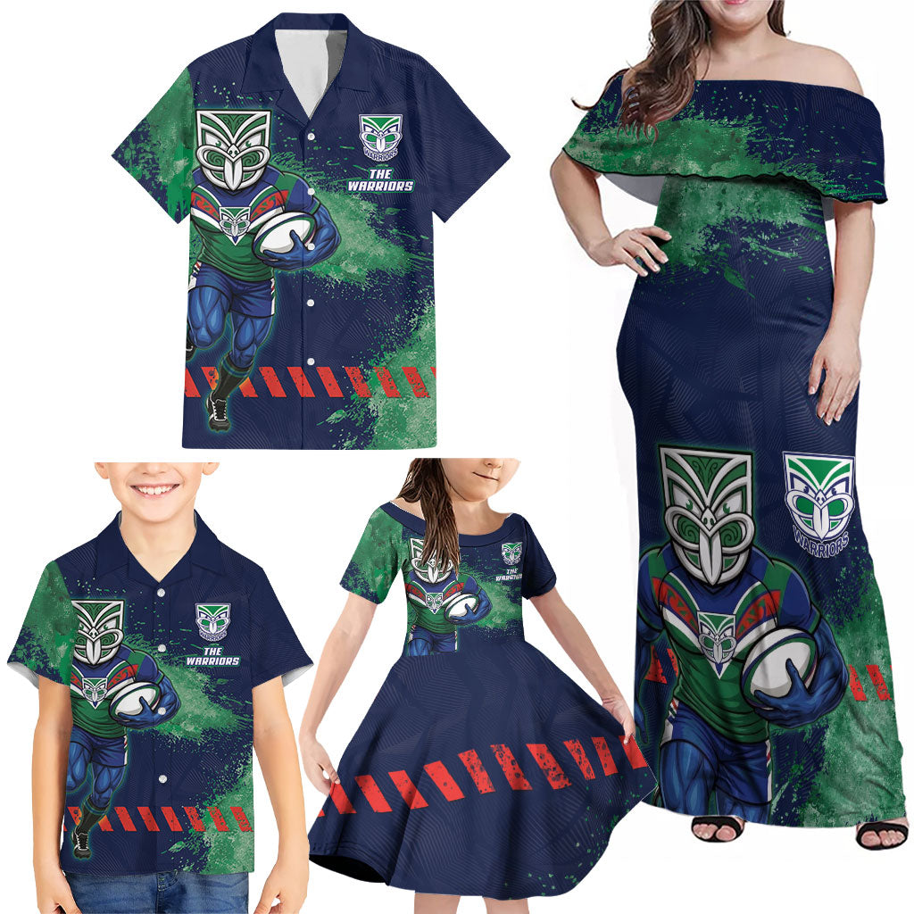 Personalised New Zealand Warriors Rugby Family Matching Off Shoulder Maxi Dress and Hawaiian Shirt Maori The Wahs Mascot - Sporty Splash Art Style
