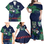 Personalised New Zealand Warriors Rugby Family Matching Off Shoulder Maxi Dress and Hawaiian Shirt Maori The Wahs Mascot - Sporty Splash Art Style