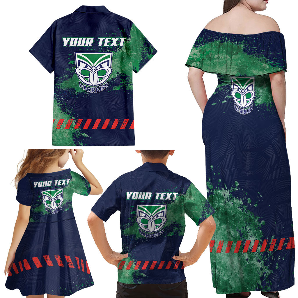 Personalised New Zealand Warriors Rugby Family Matching Off Shoulder Maxi Dress and Hawaiian Shirt Maori The Wahs Mascot - Sporty Splash Art Style