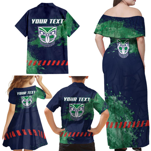 Personalised New Zealand Warriors Rugby Family Matching Off Shoulder Maxi Dress and Hawaiian Shirt Maori The Wahs Mascot - Sporty Splash Art Style