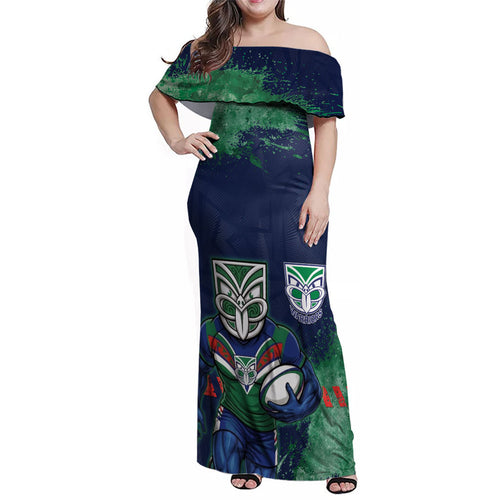 Personalised New Zealand Warriors Rugby Family Matching Off Shoulder Maxi Dress and Hawaiian Shirt Maori The Wahs Mascot - Sporty Splash Art Style
