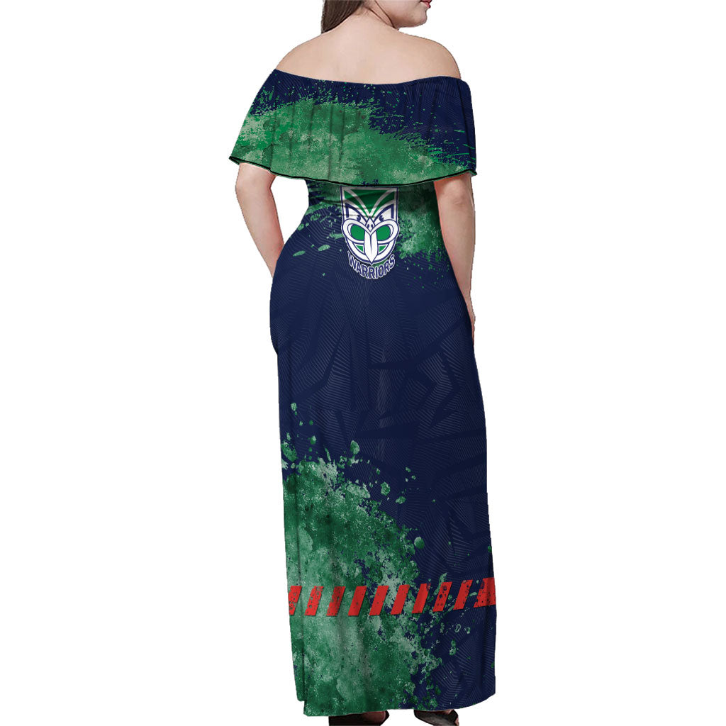 Personalised New Zealand Warriors Rugby Family Matching Off Shoulder Maxi Dress and Hawaiian Shirt Maori The Wahs Mascot - Sporty Splash Art Style