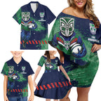 Personalised New Zealand Warriors Rugby Family Matching Off Shoulder Short Dress and Hawaiian Shirt Maori The Wahs Mascot - Sporty Splash Art Style
