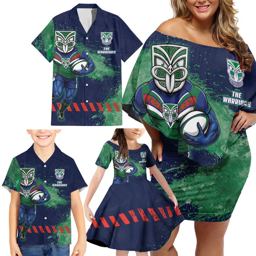 Personalised New Zealand Warriors Rugby Family Matching Off Shoulder Short Dress and Hawaiian Shirt Maori The Wahs Mascot - Sporty Splash Art Style