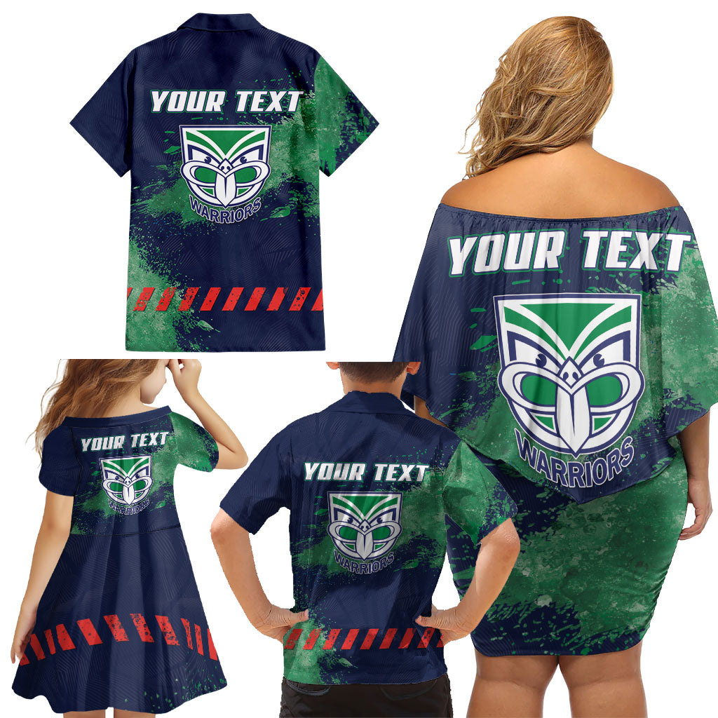 Personalised New Zealand Warriors Rugby Family Matching Off Shoulder Short Dress and Hawaiian Shirt Maori The Wahs Mascot - Sporty Splash Art Style