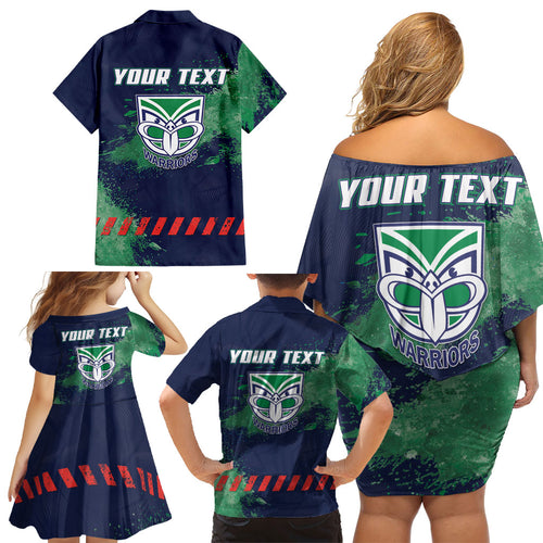 Personalised New Zealand Warriors Rugby Family Matching Off Shoulder Short Dress and Hawaiian Shirt Maori The Wahs Mascot - Sporty Splash Art Style