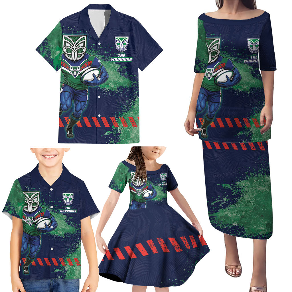 Personalised New Zealand Warriors Rugby Family Matching Puletasi and Hawaiian Shirt Maori The Wahs Mascot - Sporty Splash Art Style