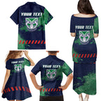 Personalised New Zealand Warriors Rugby Family Matching Puletasi and Hawaiian Shirt Maori The Wahs Mascot - Sporty Splash Art Style