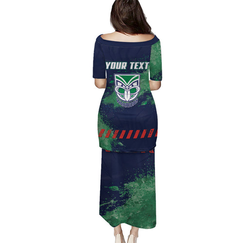 Personalised New Zealand Warriors Rugby Family Matching Puletasi and Hawaiian Shirt Maori The Wahs Mascot - Sporty Splash Art Style